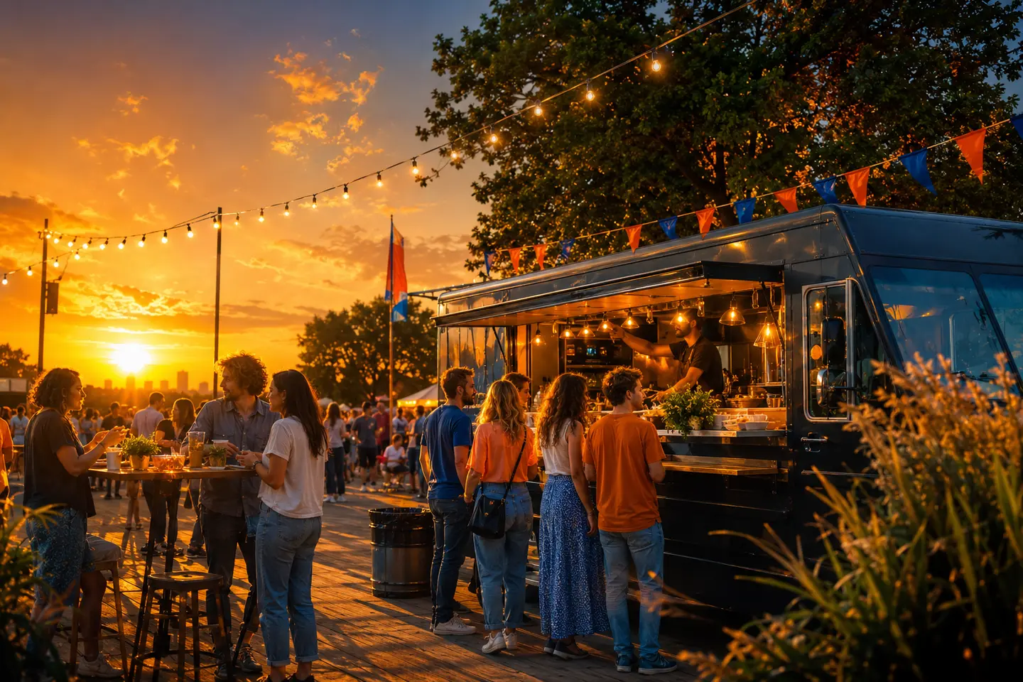 Bezoekers bij de foodtrucks